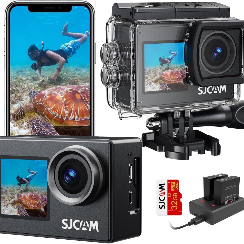SJCAM Upgraded SJ4000 Action Camera Dual Screen 4K30FPS Ultra HD Underwater Camera Waterproof 170° Wide-Angle Motorcycle Helmet Camera with Stabilization, 2 Batteries and Accessories, 32G Card